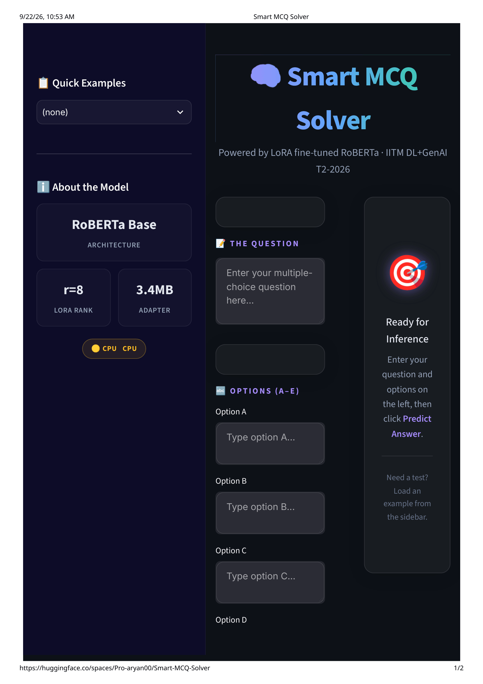 Smart MCQ Solver interface showing a RoBERTa Base model and question-entry workflow